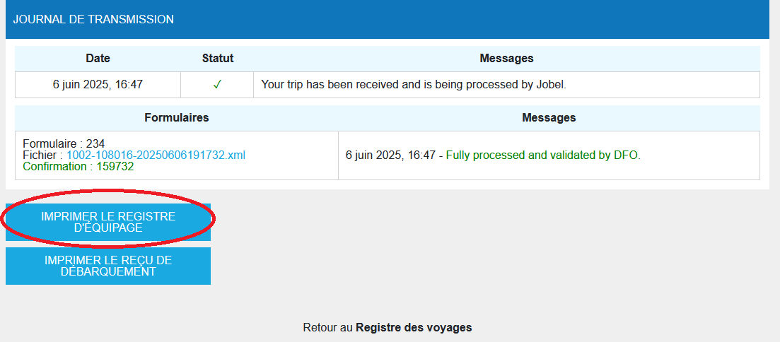 Imprimer registre équipage